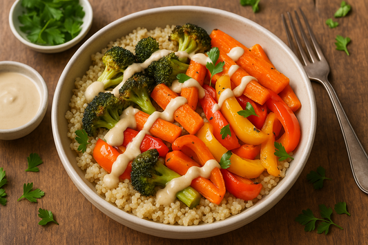 Roasted Vegetable Quinoa Bowl with Tahini Dressing | Kitchen + Metal