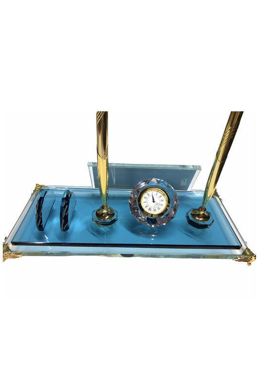 MOOG Blue Glass Desk Name Plate With Clock