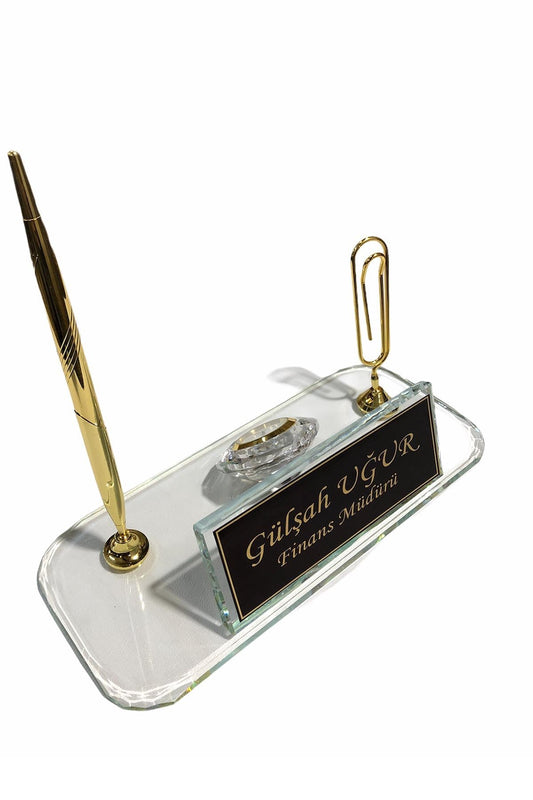 MOOG Glass Desk Name Plate With Golden Pen
