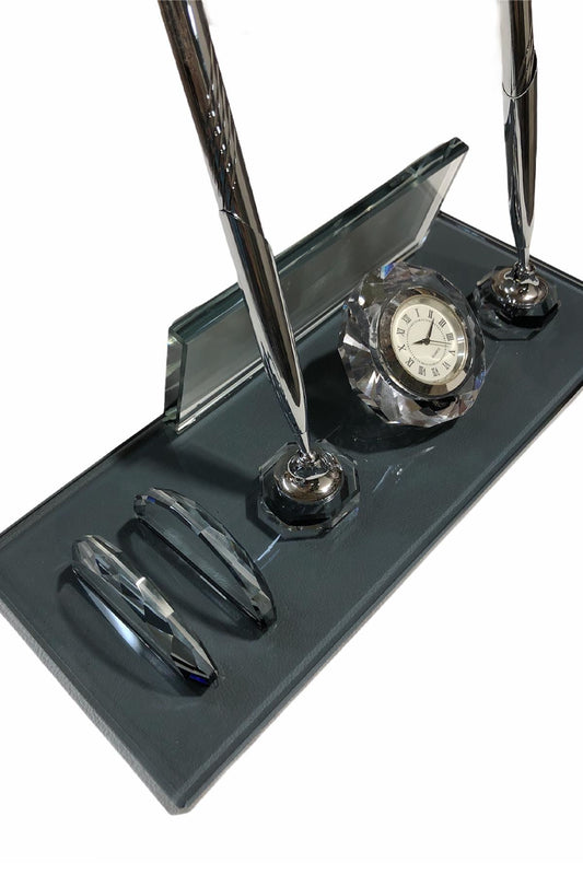 MOOG Black Glass Desk Name Plate With Clock