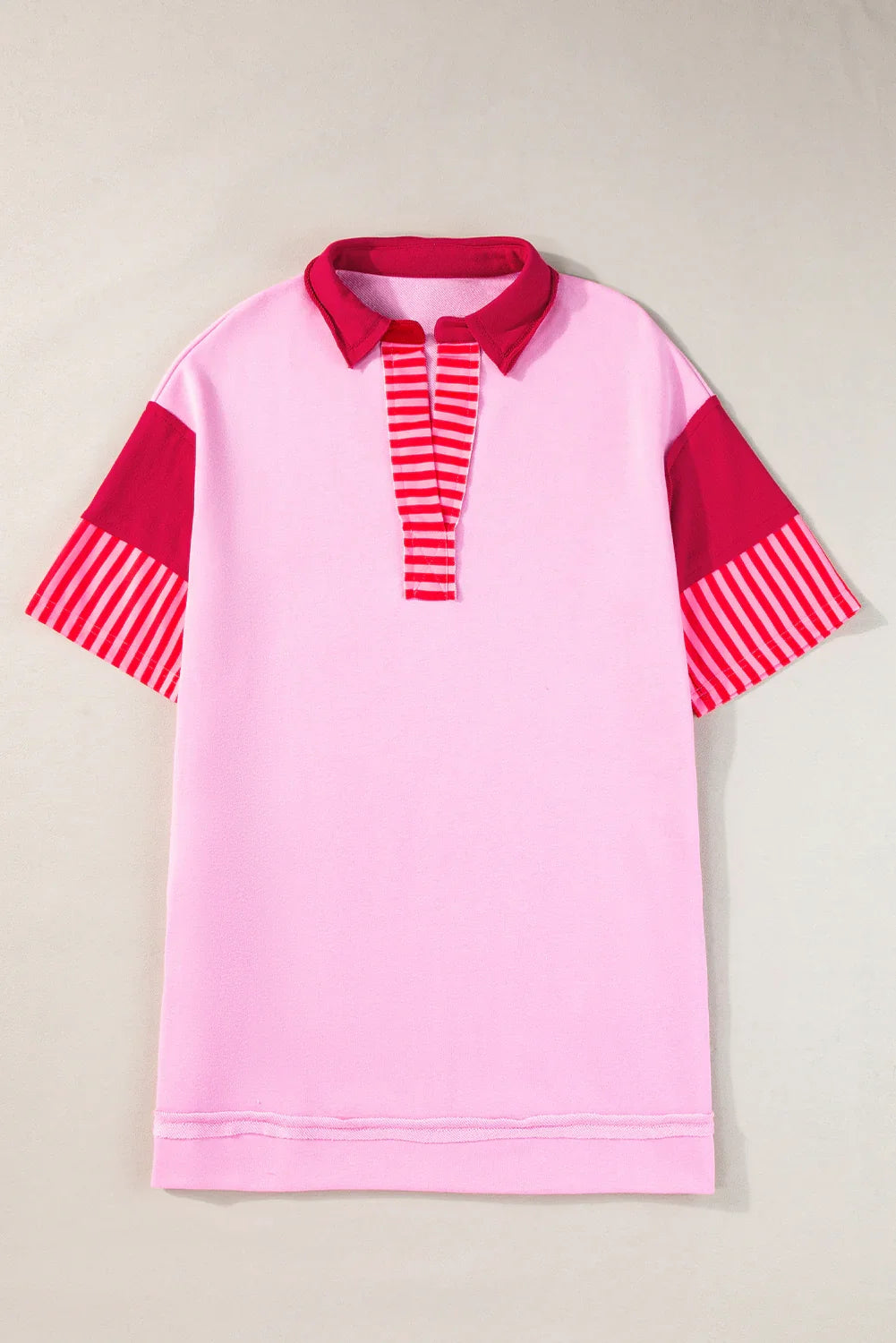 White Stripe Colorblock Sleeve Collared Pop of Color Neckline Dress
