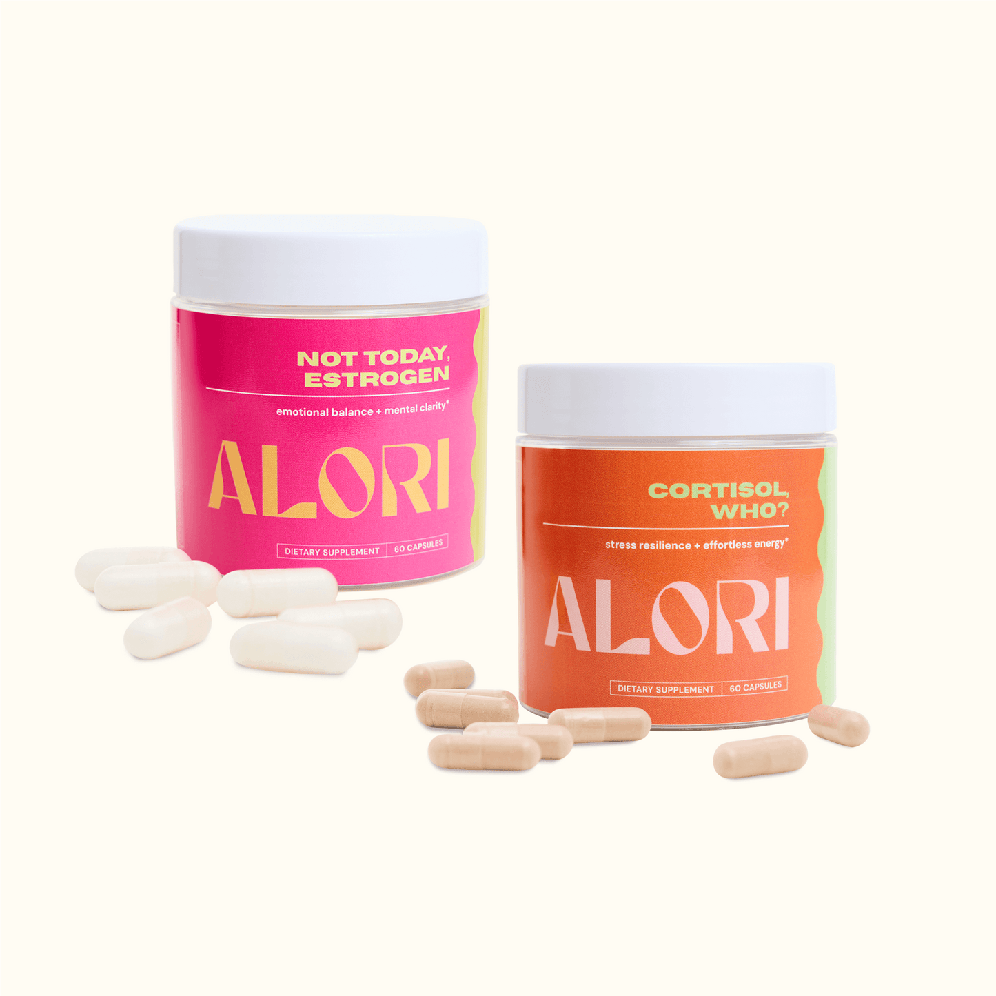 Two Alori supplement containers with pink and orange labels on a white background