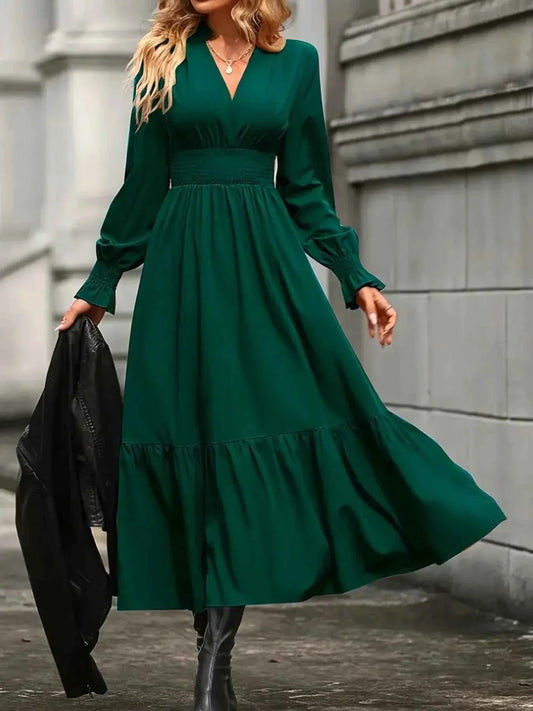 Notched Long Sleeve Tiered Dress