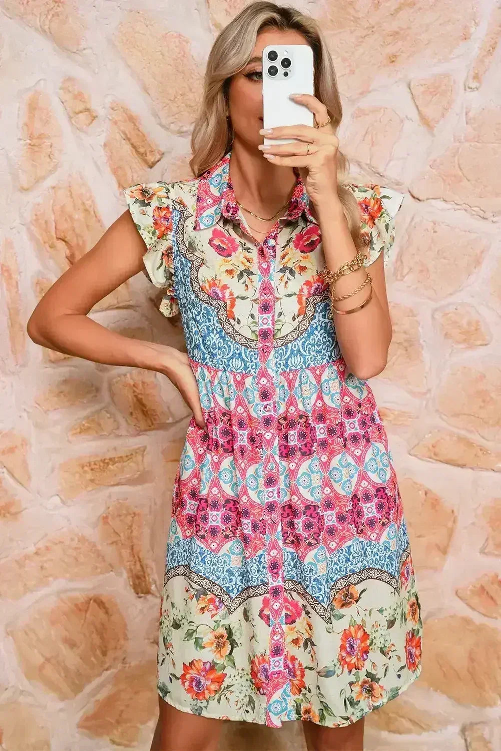 Rose Floral Ethnic Print Ruffle Mini Dress