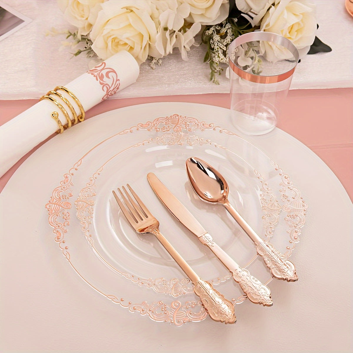 Elegant Gold Rim Plastic Dinnerware Set 50pcs Reusable