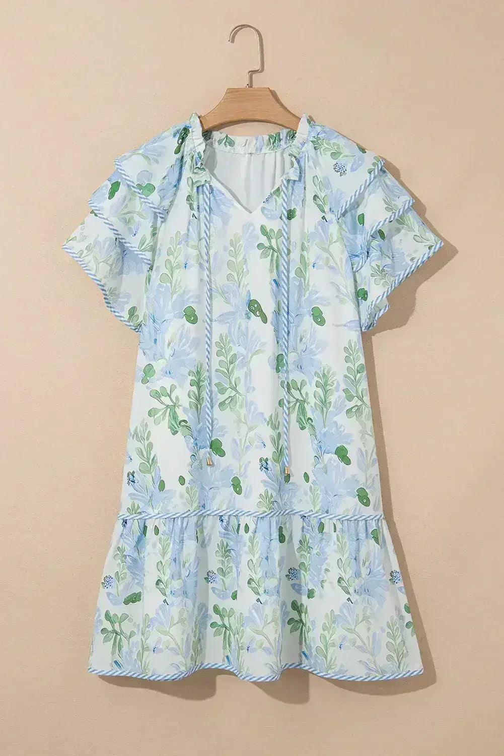 Sky Blue Floral Contrast Edge Ruffle Sleeve Tie Neck Mini Dress