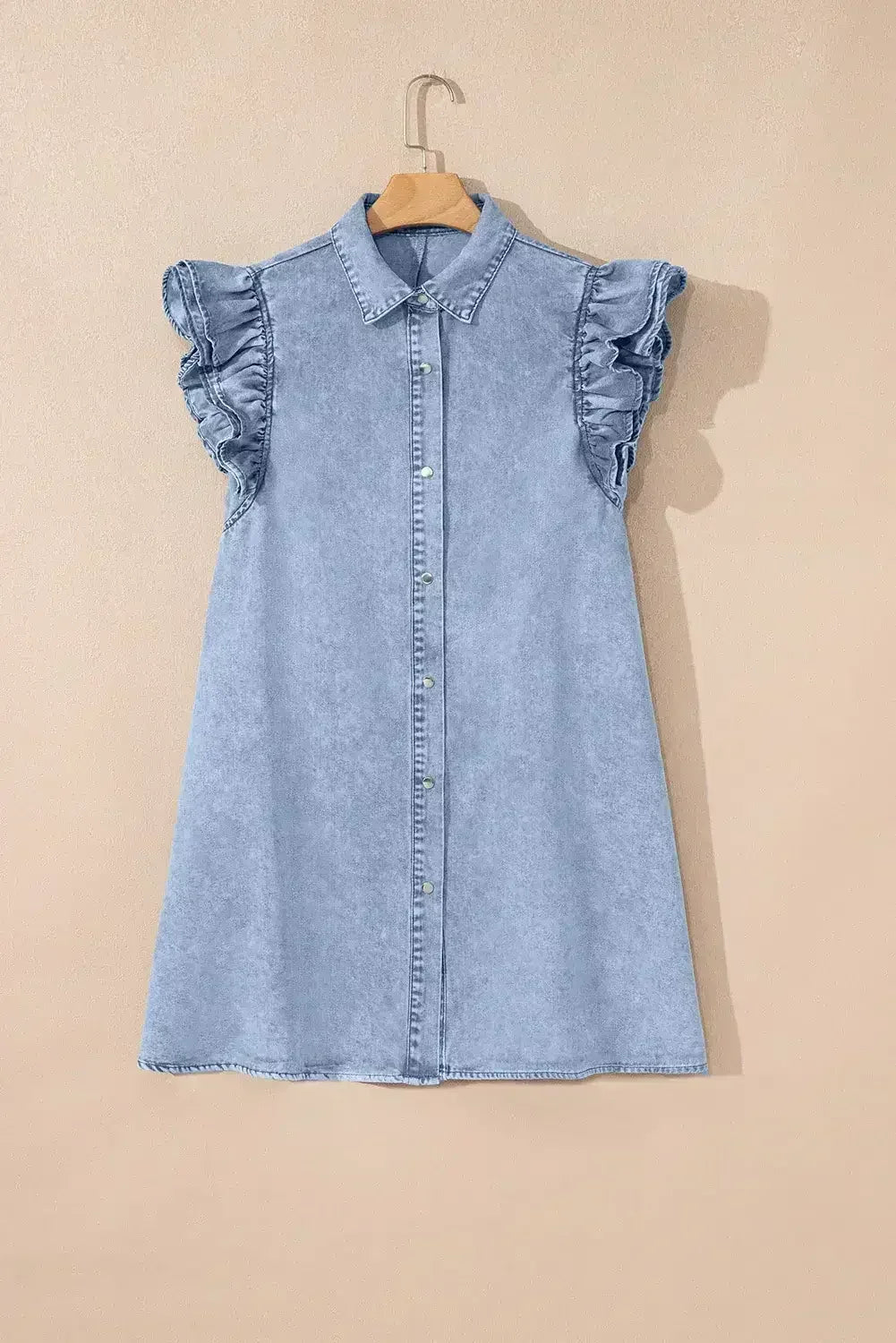 Beau Blue Ruffle Sleeve Button Down A-line Mini Denim Dress