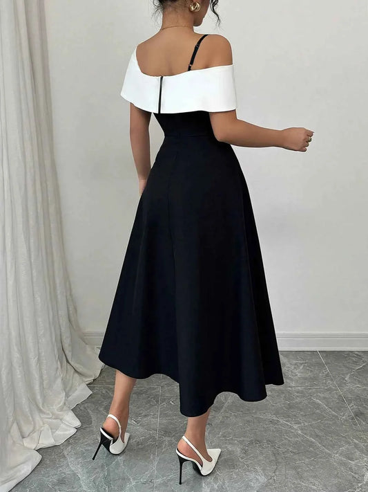 Asymmetrical Neck Contrast Midi Dress