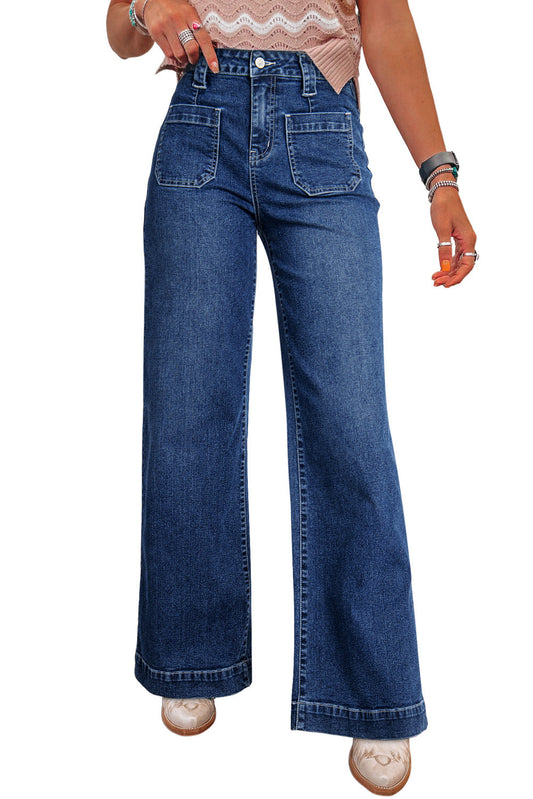 Sail Blue High Waist Women's Jeans with Wide Legs and Pockets