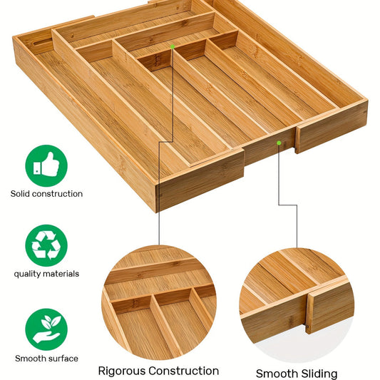 Adjustable Bamboo Cutlery Organizer - Expandable Drawer Divider for