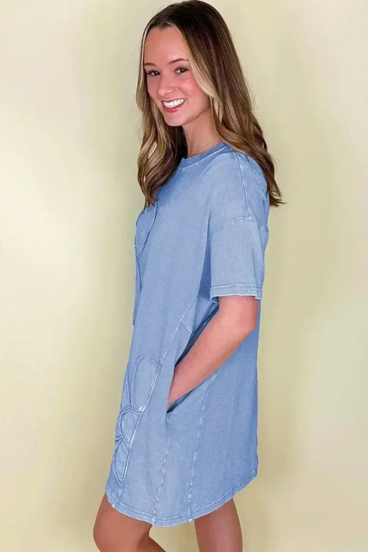 Sky Blue Mineral Wash Flower Patchwork Mini T Shirt Dress
