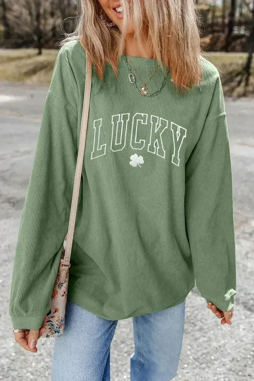 Grass Green LUCKY Clover Drop Shoulder Ribbed St Patrick Sweatshirt