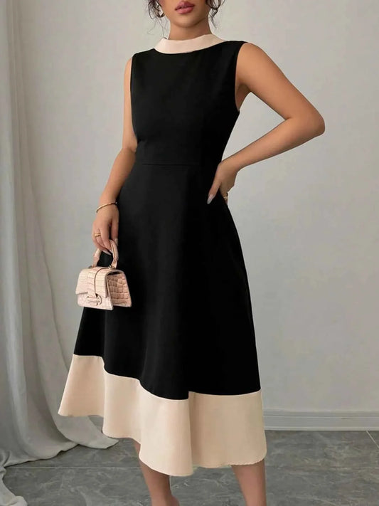 Contrast Trim Sleeveless Midi Dress
