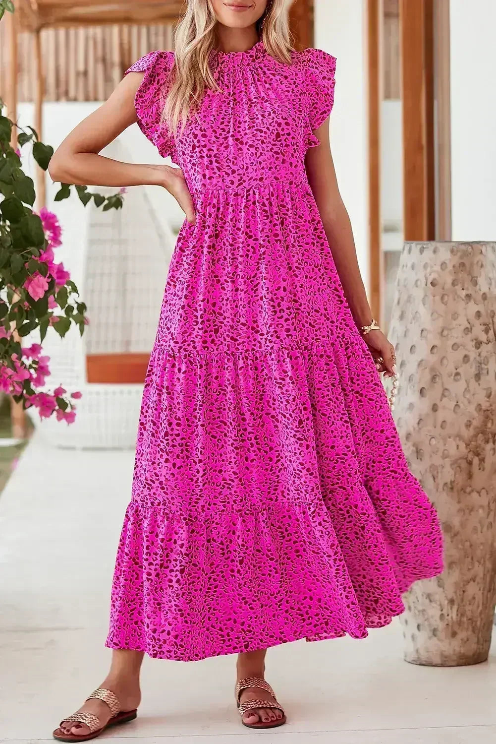 Rose Red Leopard Print Ruffle Sleeveless Maxi Dress