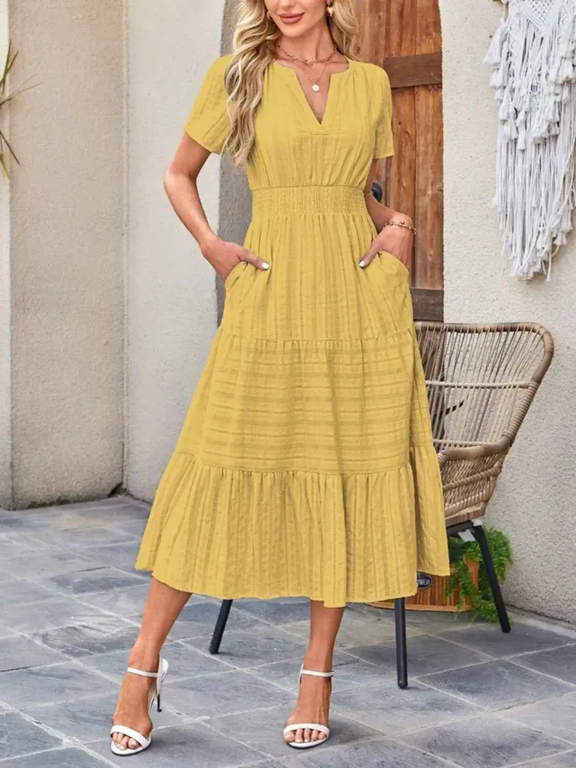 Tiered Notched Short Sleeve Dress