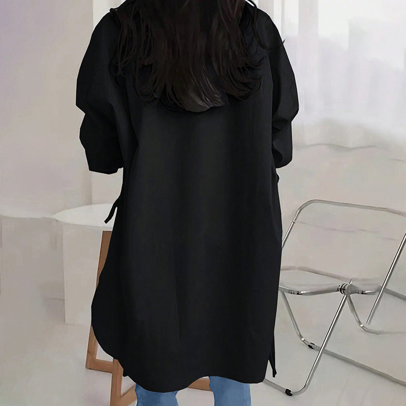 Women's Loose-Fit Long Sleeve Shirt with Side Slit Tie Detail - Stylish Button-Down Blouse