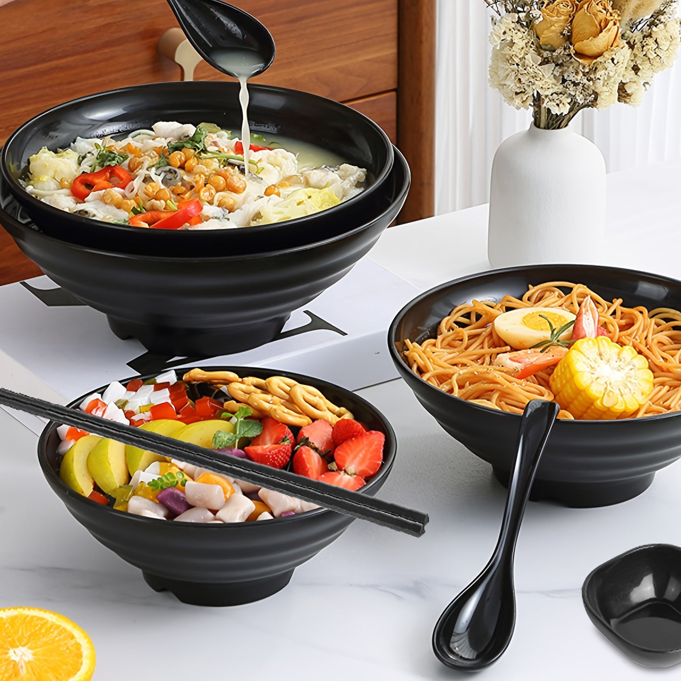 Elegant Ramen Bowl Set with Chopsticks and Saucers