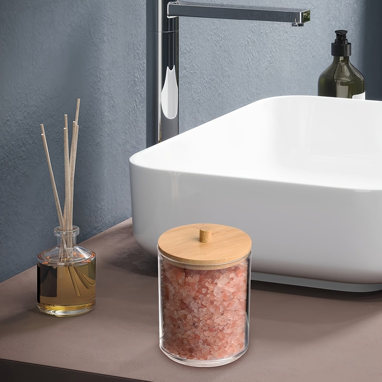 Clear Bathroom Canister Set with Bamboo Lids 3Piece Storage