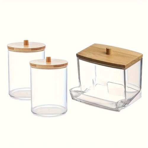 Clear Bathroom Canister Set with Bamboo Lids 3Piece Storage