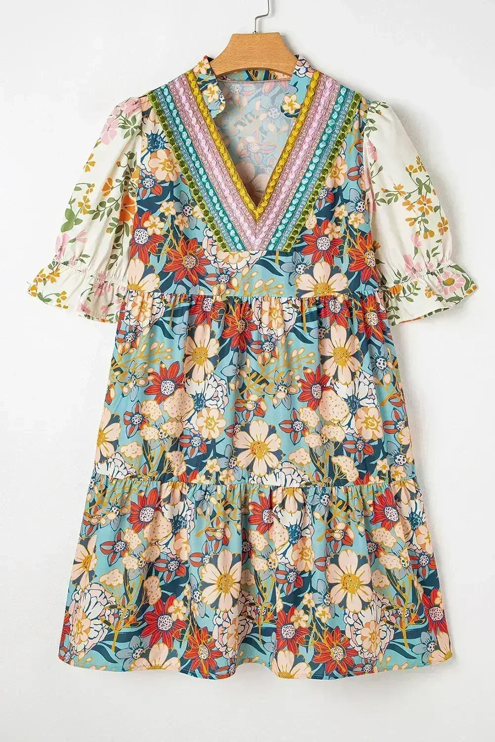 Multicolor Allover Floral Print Tiered Pop of Color Neckline Dress