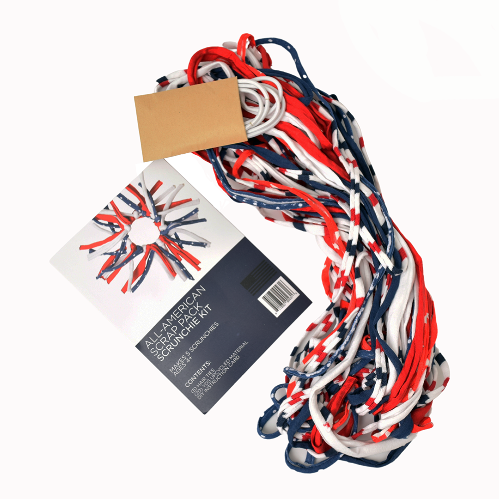 American flag themed scrunchie kit with instructions and materials on a white background.