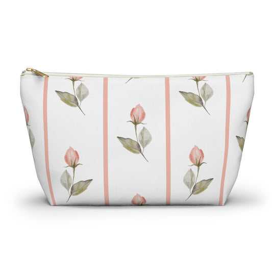 Customizable: Chic Floral Accessory Pouch for Women, Makeup Bag, Travel Toiletry Organizer, Gift for Her, Rose Striped Design