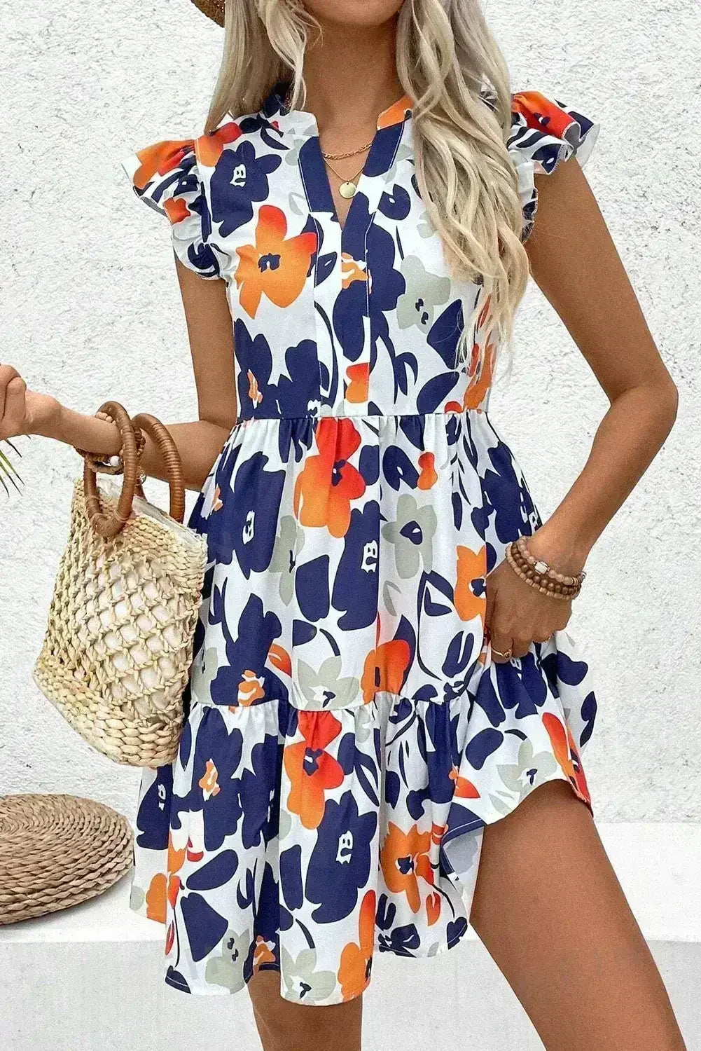 Rose Floral Print Notched Neck Flutter Sleeve Mini Dress