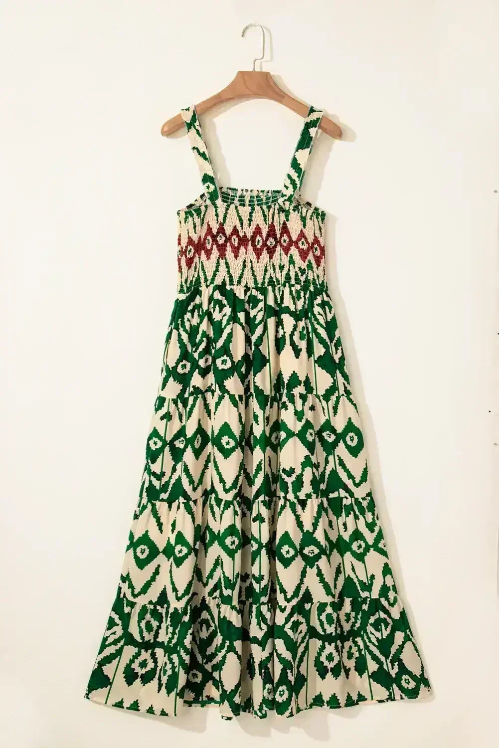 Green Boho Shirred A line Sleeveless Maxi Dress