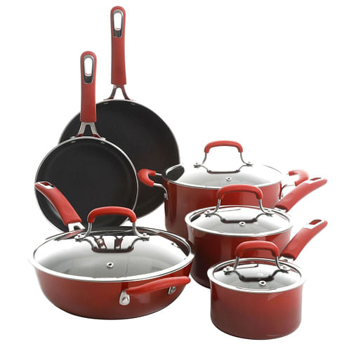 Kenmore Elite Andover 10 Piece Nonstick Aluminum Cookware Set in Red | Kitchen + Metal