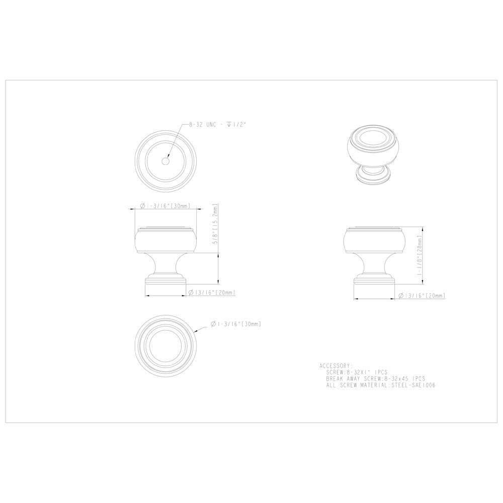 1-3/16" Diameter Satin Nickel Barrel Bremen 2 Cabinet Knob