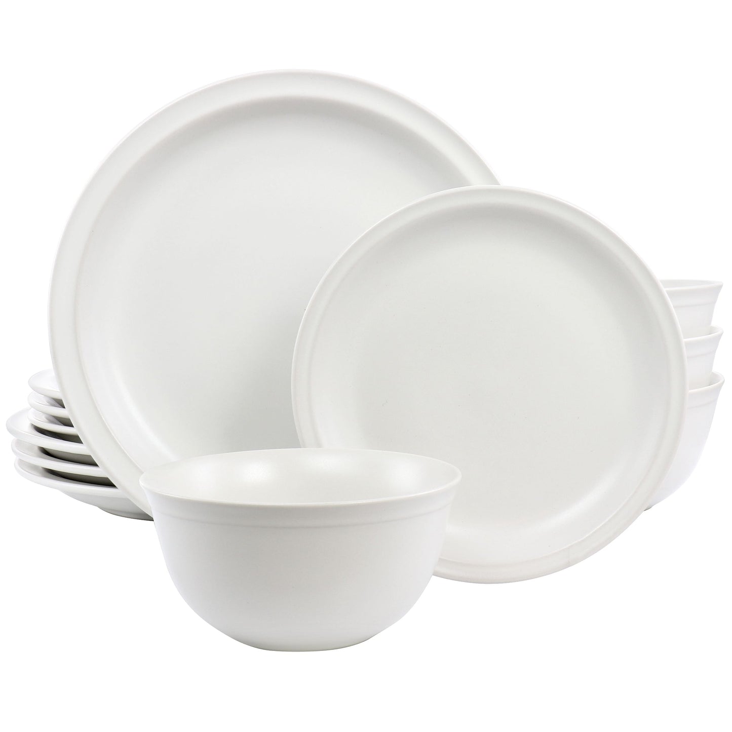 A 12 piece white stoneware dinnerware set including four dinner plates, four dessert plates, and four bowls.