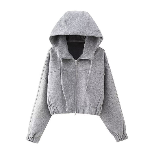 Women Clothing Spring Hooded Long Sleeve Zipper Fabric Short Sweater
