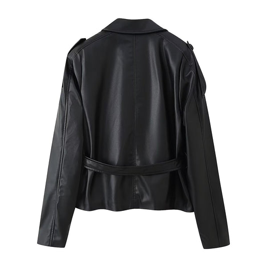 Women Clothing Fashionable Casual All Match Faux Leather Wind Breaker