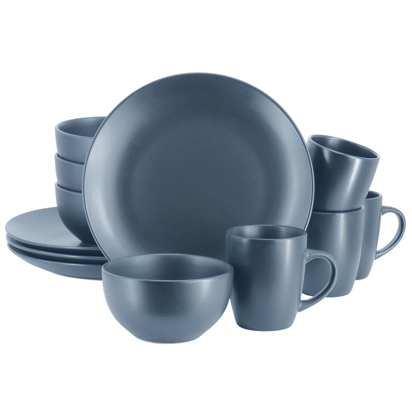 A 12 piece round stoneware dinnerware set in a matte blue finish, including four dinner plates, four salad plates, and four cups.