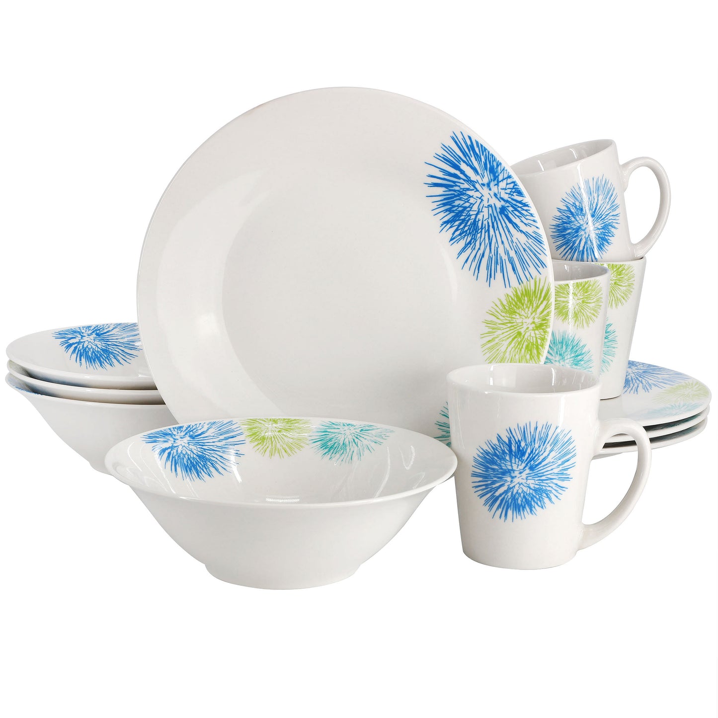 Gibson Home Blue Meadow 12 Piece Fine Ceramic Dinnerware Set in White