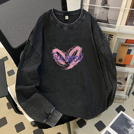 Pure Cotton Washed Black Distressed Heavy Retro Printing Trendy Cool Popular Couple Loose Upper Clothes Long Sleeves T shirt Women
