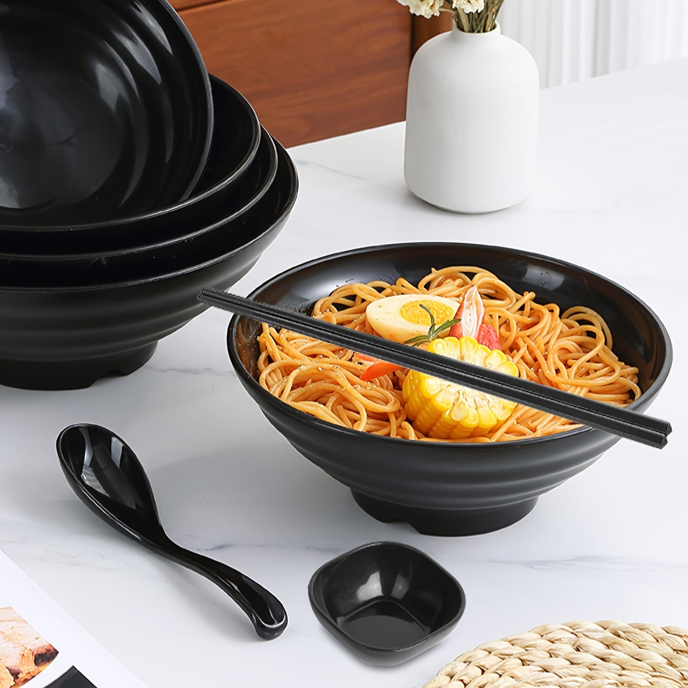 Elegant Ramen Bowl Set with Chopsticks and Saucers