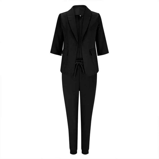 Women's Solid Color Long Sleeve Suit Set - Stylish Notch Lapel Blazer With Pockets & Drawstring Waist Pants, Spring&Fall Business Casual Outfit
