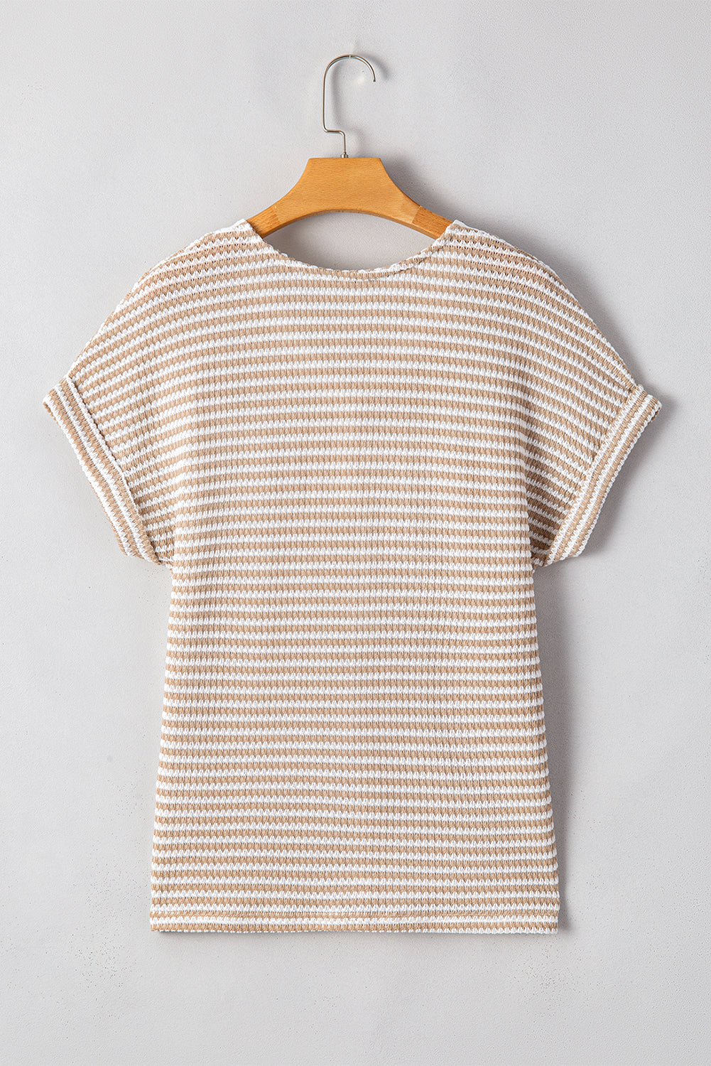 Khaki Striped Knitted Top with Button Front and V Neck for Women's Blouse