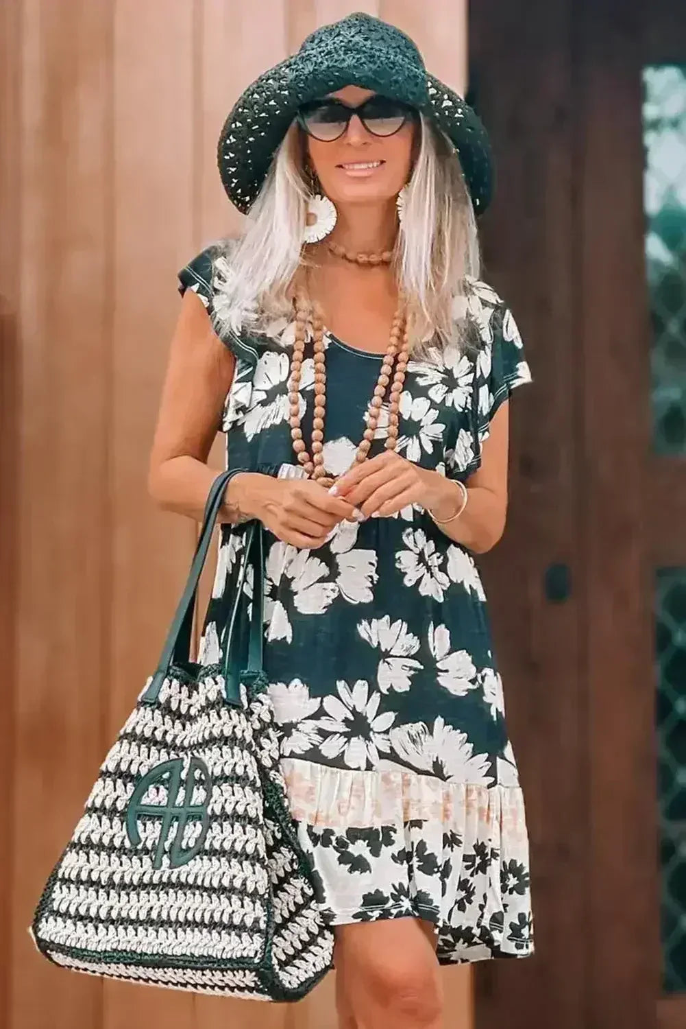 Dark Green Floral Print Ruffle Sleeve Empire Waist Mini Dress