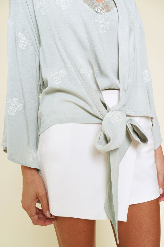 Embroidered Tie Front Kimono Cardigan