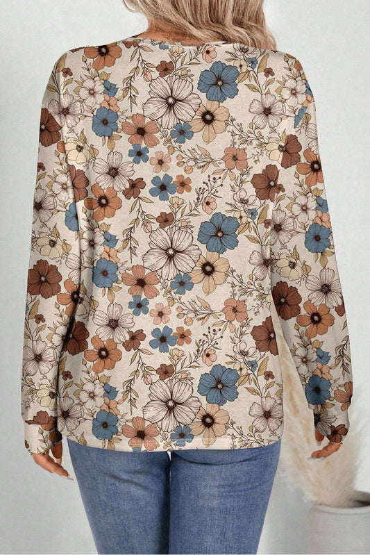 Khaki Floral Print Women's Top - Allover Floral Crew Neck Long Sleeve