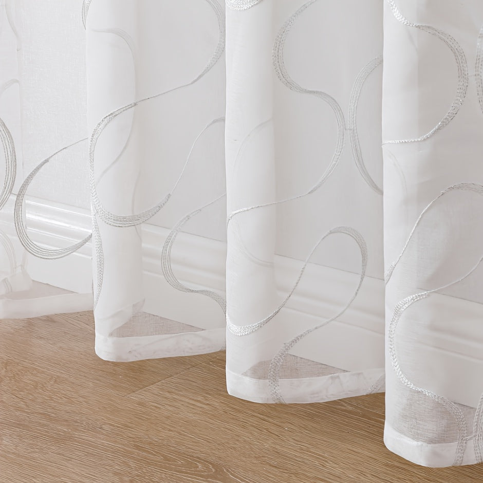 Elegant White Sheer Curtains with Embroidered Trellis Design