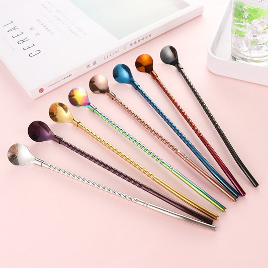 1PC Long Twisted Straw Spoon Portable Gold Tea
