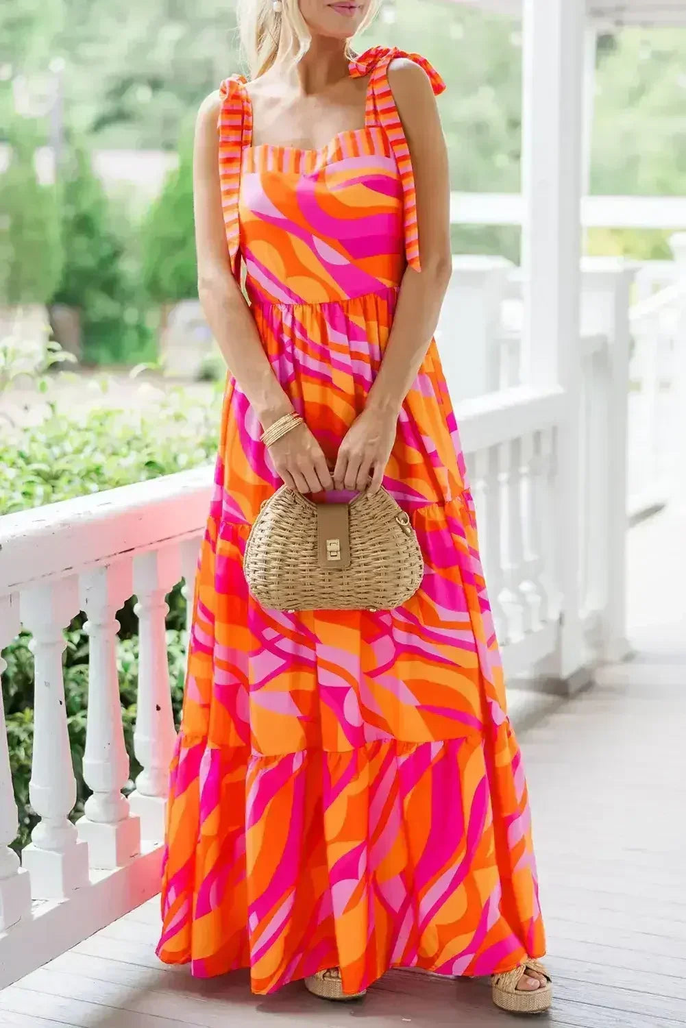 Red Abstract Print Knotted Shoulder High Waist Maxi Dress