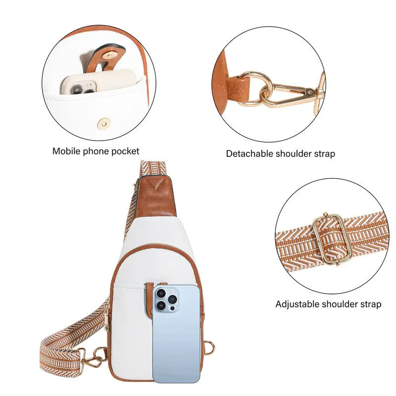 Leather Sling Bag for Women - Crossbody Fanny Pack, Adjustable Strap Chest Bag in Beige Brown