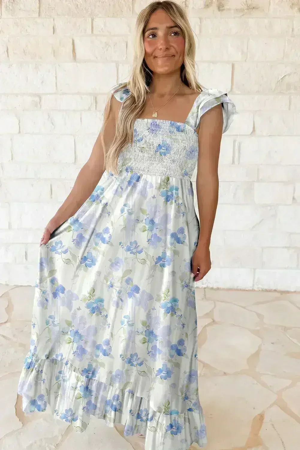Sky Blue Floral Smocked High Waist Ruffle Sleeveless Long Dress