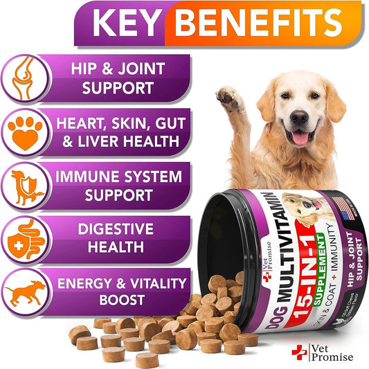 Dog multivitamin supplement with key benefits listed and a dog sitting next to the container.