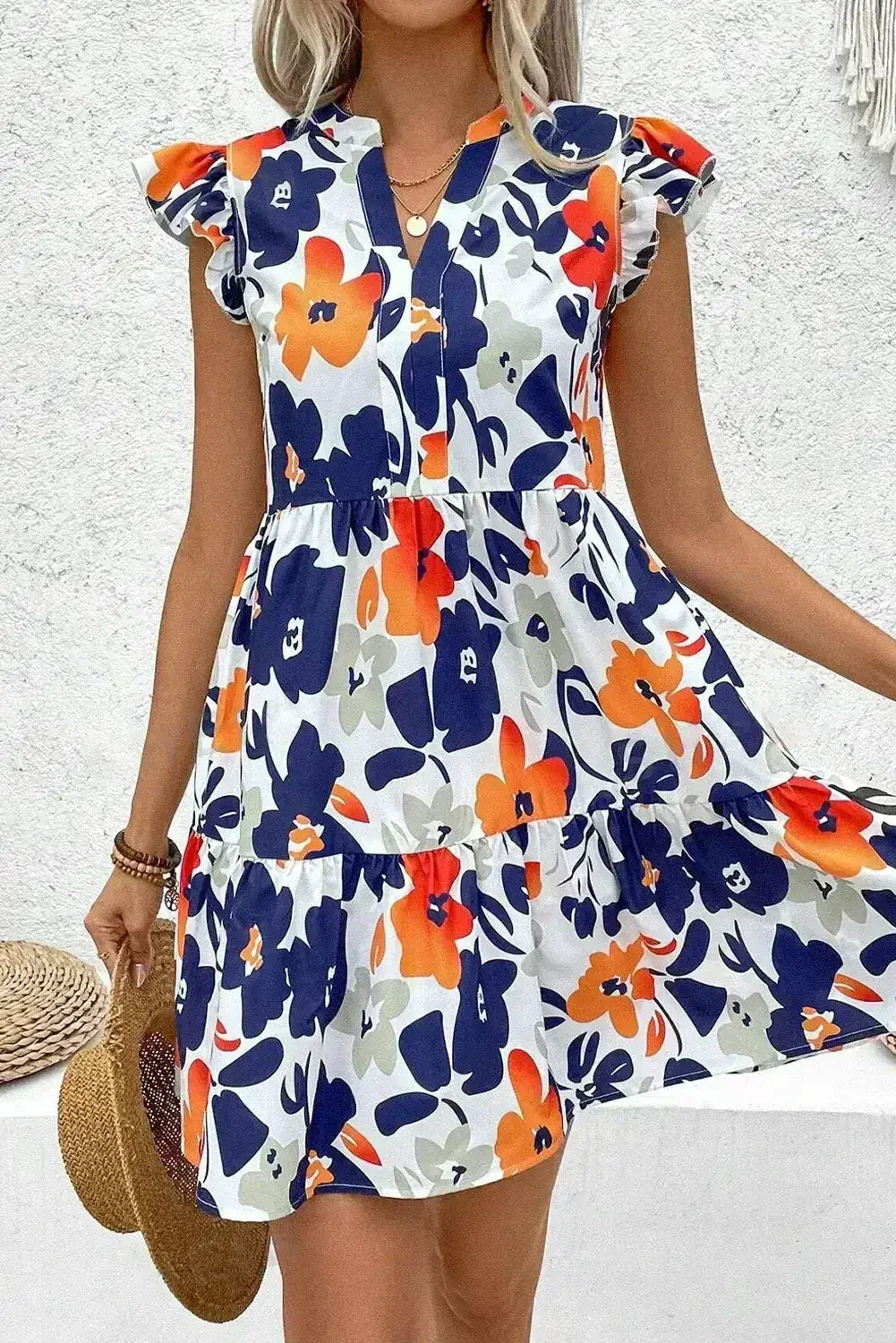 Rose Floral Print Notched Neck Flutter Sleeve Mini Dress