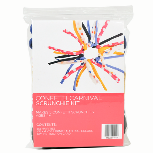 Packaging of an All-American Scrap Pack Scrunchie Kit with red, white, and blue confetti visible through the clear plastic.